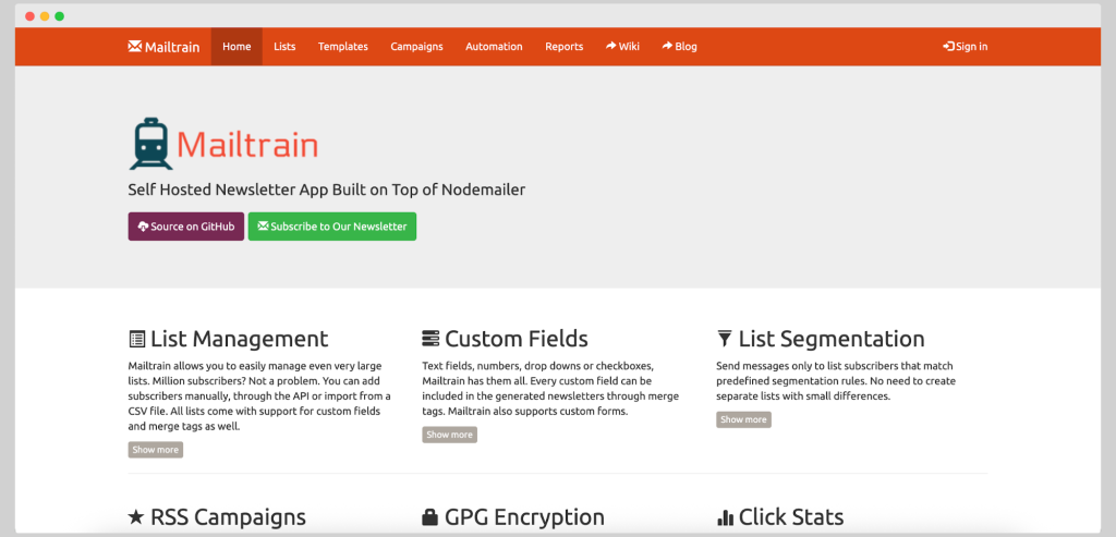 Mailtrain interface showcasing its list management, custom fields, and automation features for email campaigns.