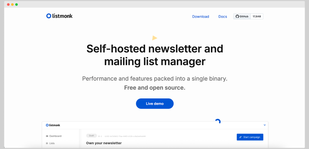 Listmonk homepage describing it as a self-hosted, open-source newsletter and mailing list manager.