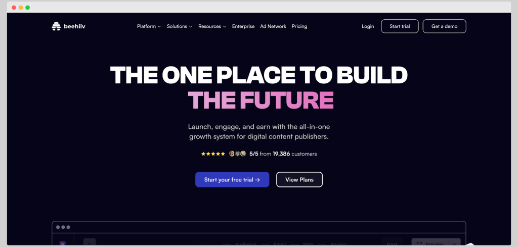 Beehiv homepage promoting its all-in-one growth system for content publishers with a 5-star customer rating.