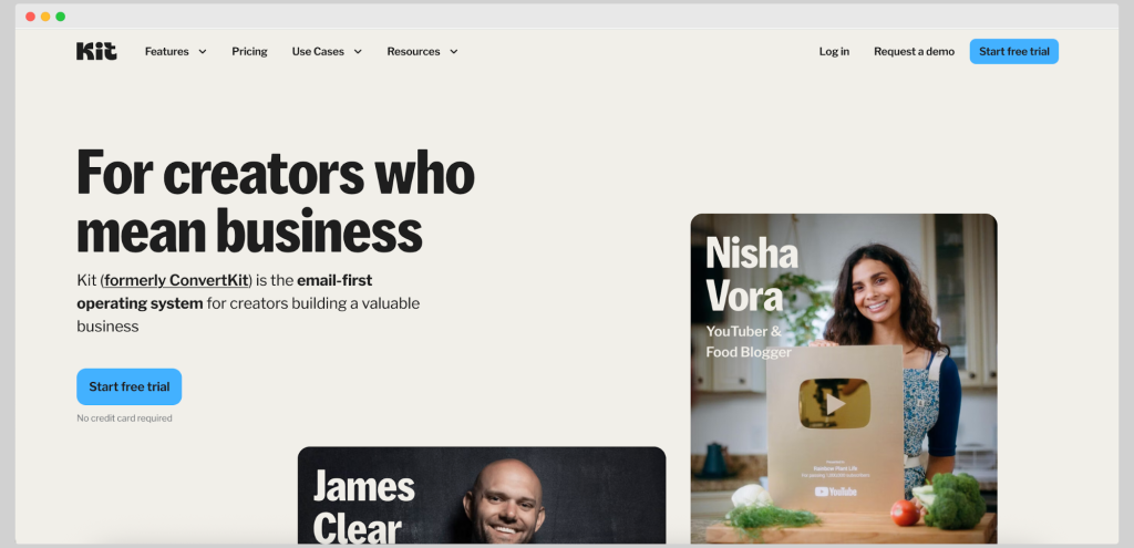 Kit (formerly ConvertKit) highlights its email-first platform tailored for creators building online businesses.