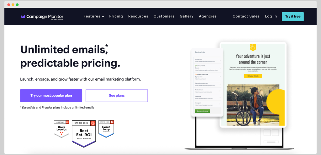 Campaign Monitor landing page advertising unlimited email sends with simple, predictable pricing.