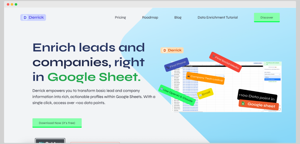 Derrick App homepage showing Google Sheets extension for lead enrichment with 100+ data points.
