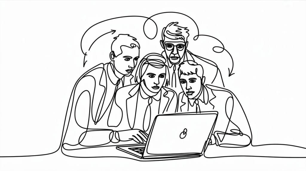 People gathered around a laptop, creating ChatGPT email prompts.