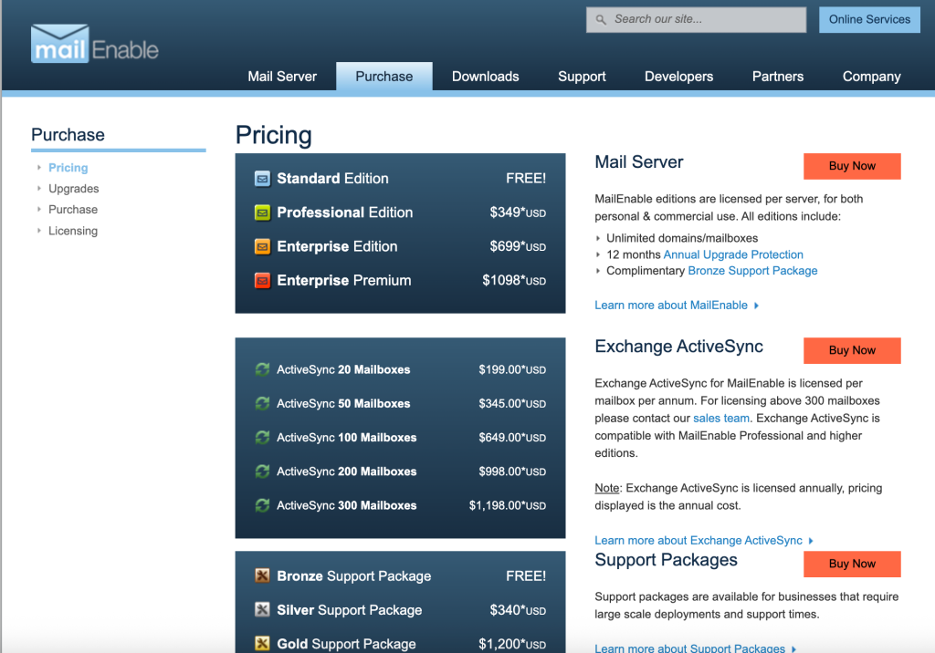 MailEnable pricing page showing Standard, Professional, Enterprise, and Premium editions with ActiveSync and support packages.
