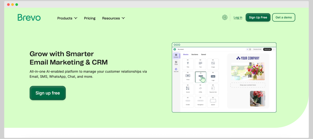 Brevo homepage showing AI-enabled CRM with email, SMS, WhatsApp, chat, and customer management.
