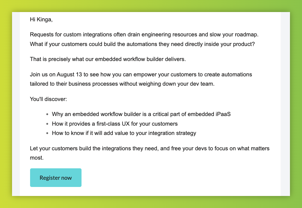 Workflow builder SaaS cold email inviting prospects to a webinar