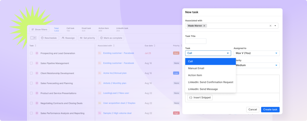 Task creation screen in Apollo with call, email, LinkedIn, and action item options.