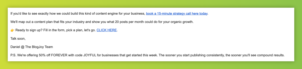 Cold email sales pitch emphasizing discounts and engagement, testing if is cold emailing effective in 2025.