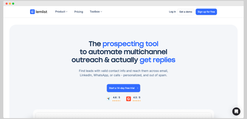 Lemlist homepage highlighting its multichannel outreach automation features with email, LinkedIn, WhatsApp, and calls.