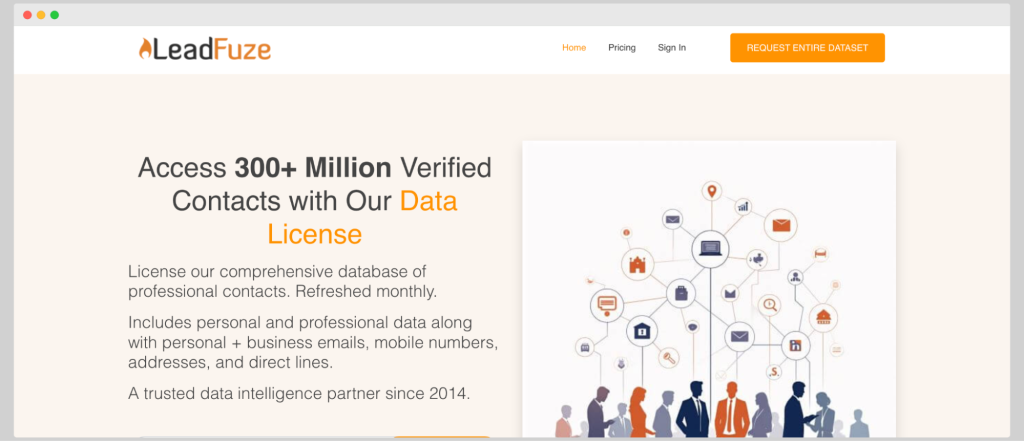 LeadFuze homepage displaying automated list building and lead finder software.