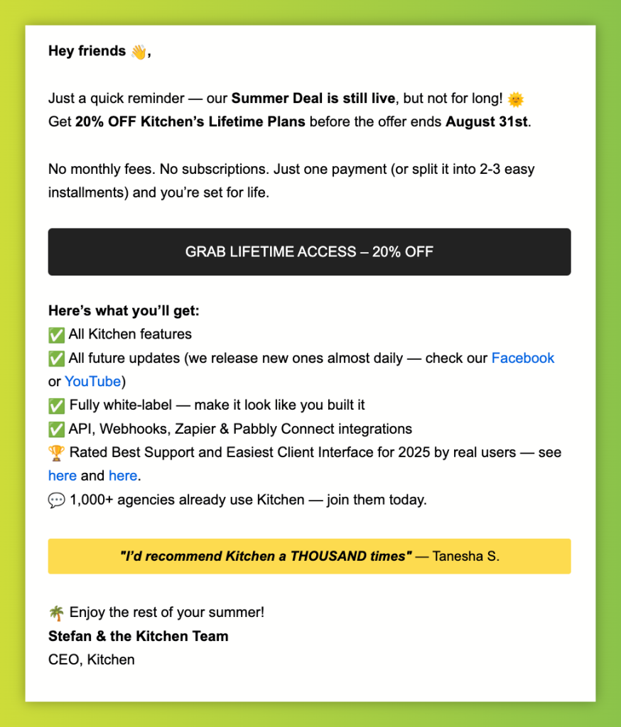 Promotional cold email showcasing urgency and clear call to action, raising the question is cold emailing effective.