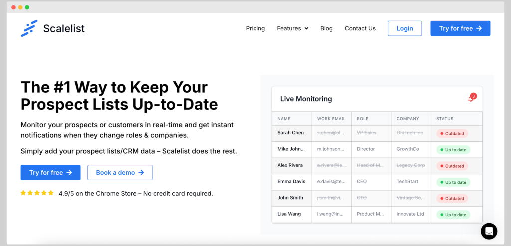 Scalelist homepage promoting real-time prospect list monitoring with live email and role updates.