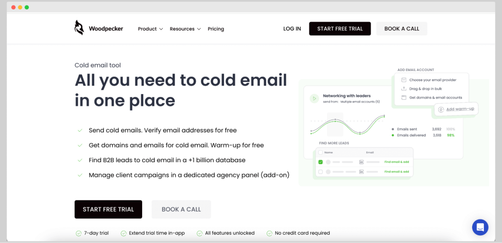 Woodpecker homepage highlighting cold email and lead finder software features.
