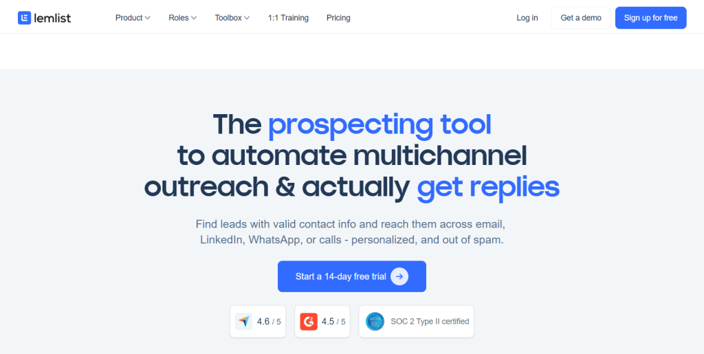 Lemlist homepage featuring personalization campaign builder, configure mailboxes workflow, starter plan and pro plan comparison, and various tools for creative outreach.