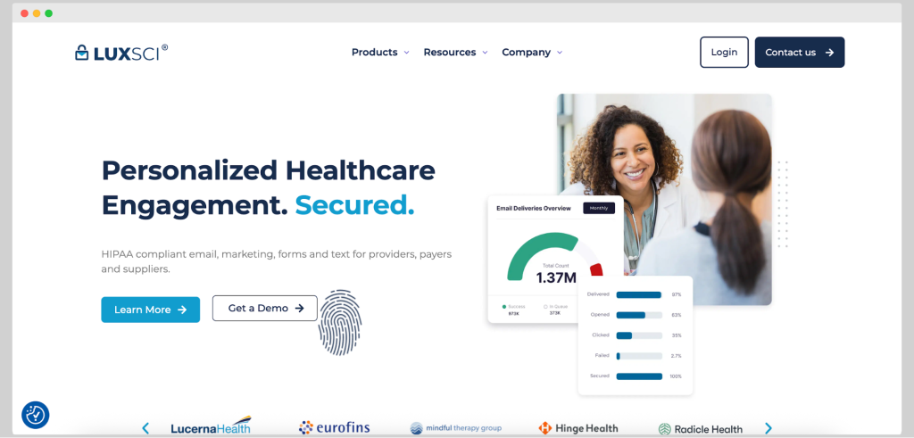 LuxSci secure email and marketing platform for healthcare featuring HIPAA compliance and engagement analytics.