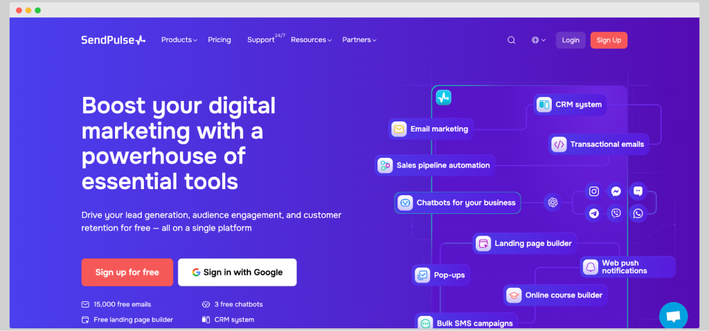 SendPulse homepage featuring email marketing, chatbots, SMS, CRM system, and transactional emails.