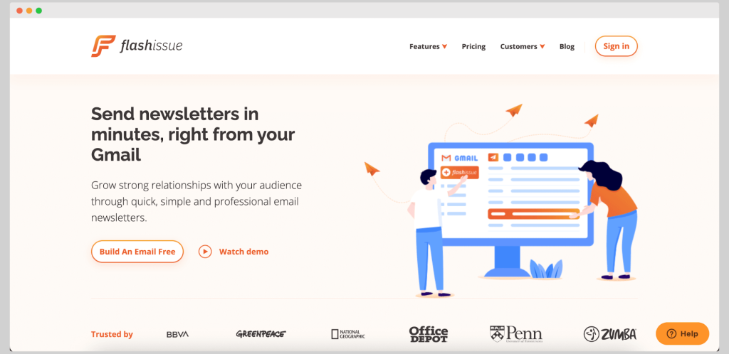 Flashissue homepage with Gmail integration for building and sending newsletters quickly.