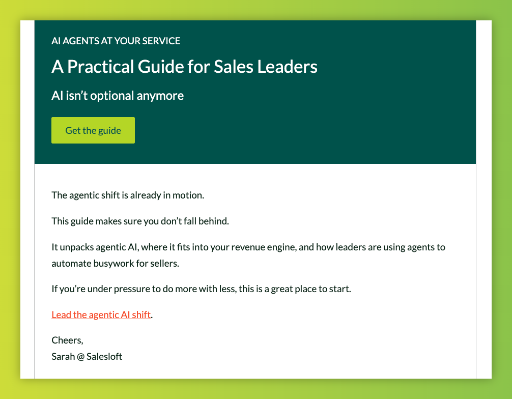 Salesloft SaaS cold email promoting AI guide for sales leaders
