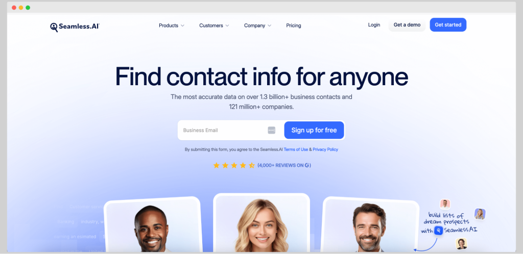 Seamless.ai homepage highlighting real-time B2B lead finder software.