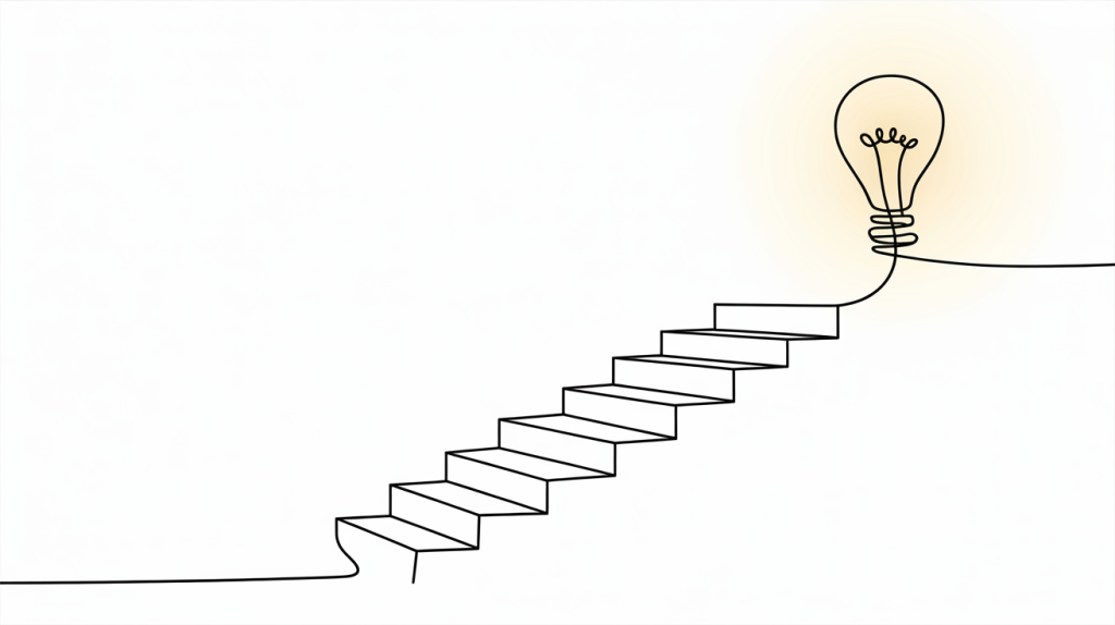 Stairs leading to a glowing light bulb, representing innovation and ideas in automated lead generation.