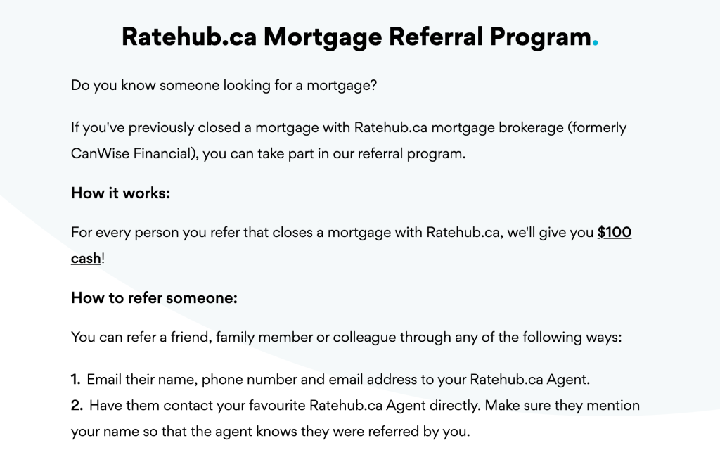 Ratehub.ca mortgage referral program offering $100 for referrals.