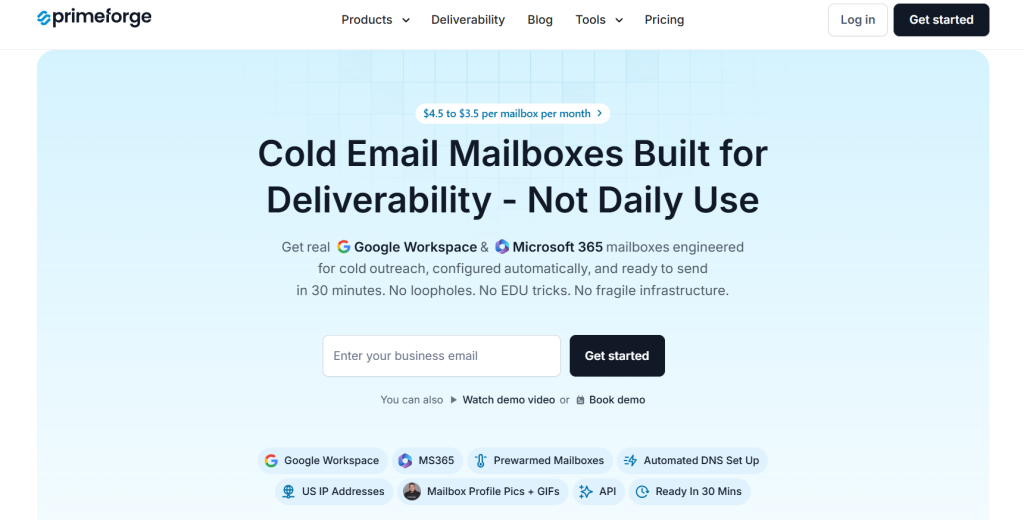 Primeforge homepage dashboard highlighting mailbox creation, full control over infrastructure, custom pricing options, and support for mid size agencies managing multiple employees.