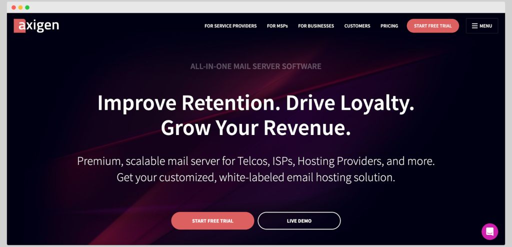 Axigen mail server website offering scalable email hosting and enterprise solutions.