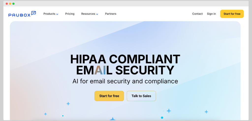 Paubox HIPAA compliant email security platform with AI features for encryption and compliance.