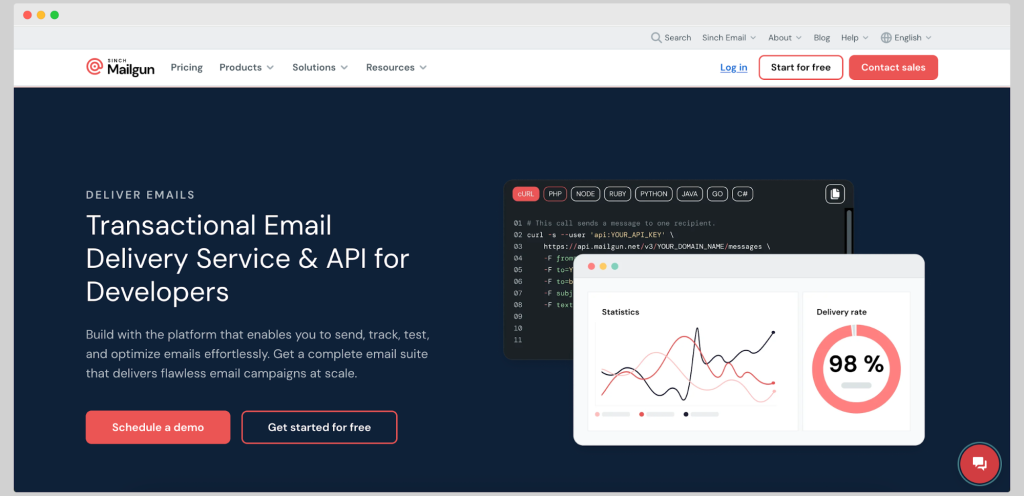 Mailgun interface highlighting transactional email API for developers, deliverability tools, and analytics.