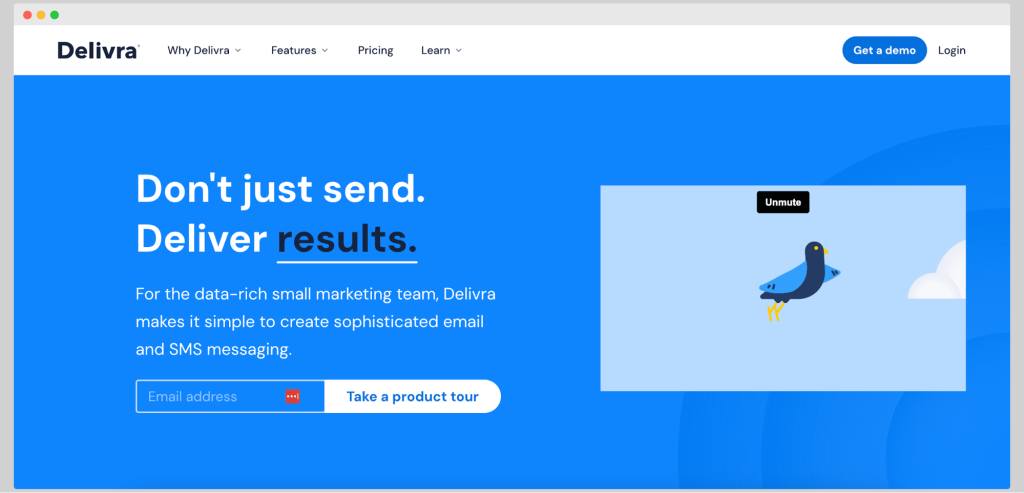 Delivra website with tagline “Don’t just send. Deliver results.” promoting email and SMS marketing.