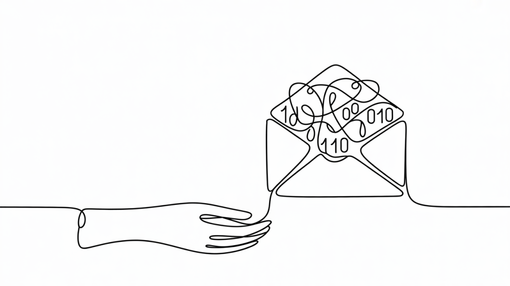 Line art of an email with binary code inside, symbolizing data-driven cold email and the debate is cold emailing effective today.