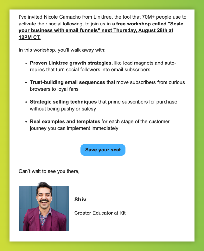 Kit and Linktree SaaS cold email workshop invite with growth strategies