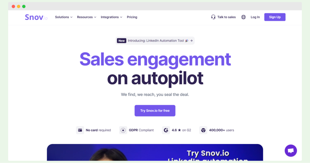 Snov.io homepage with sales engagement and lead finder software tools.