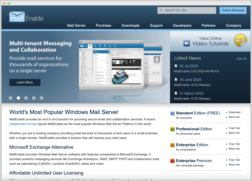 MailEnable homepage screenshot showing mail server features and editions.