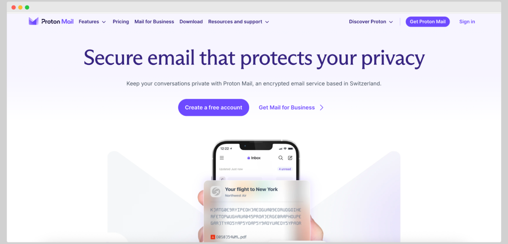 Proton Mail secure email service with end-to-end encryption and privacy tools under Swiss data protection laws.