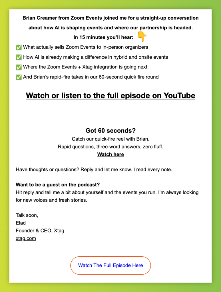 Xtag SaaS cold email podcast invite with event insights
