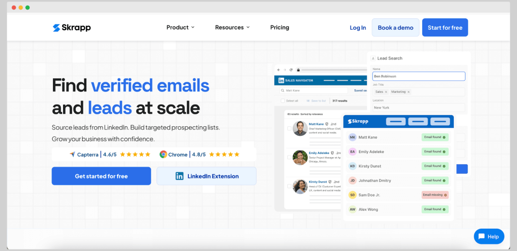 Skrapp homepage featuring LinkedIn email finder for verified leads and prospecting lists, a Scalelist alternative.