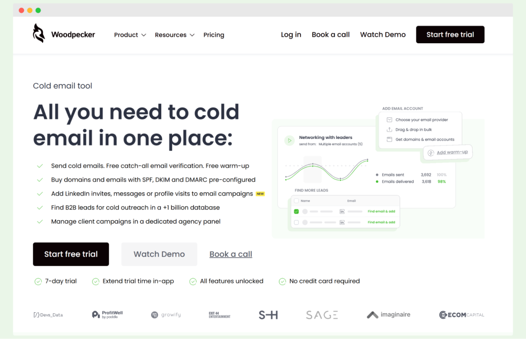 Woodpecker homepage highlighting cold email tool features, including email verification, SPF DKIM setup, LinkedIn outreach, and campaign management.