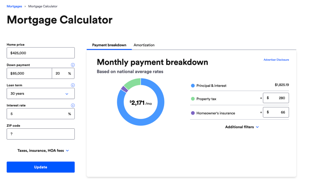 Online calculator showing home price, loan term, and monthly payment breakdown.