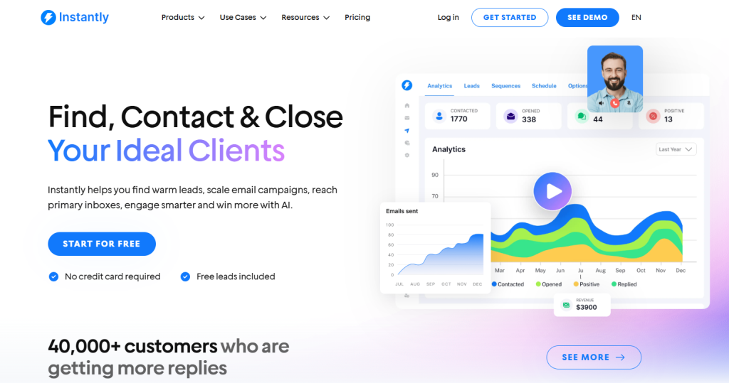 Instantly homepage dashboard showing easy bulk management of outreach campaigns, mailbox provisioning, connection status across customers, and growth plan options for scaling teams.