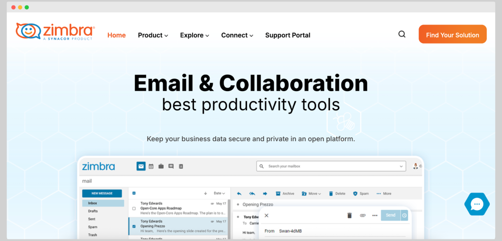 Zimbra email and collaboration platform website with productivity tools.