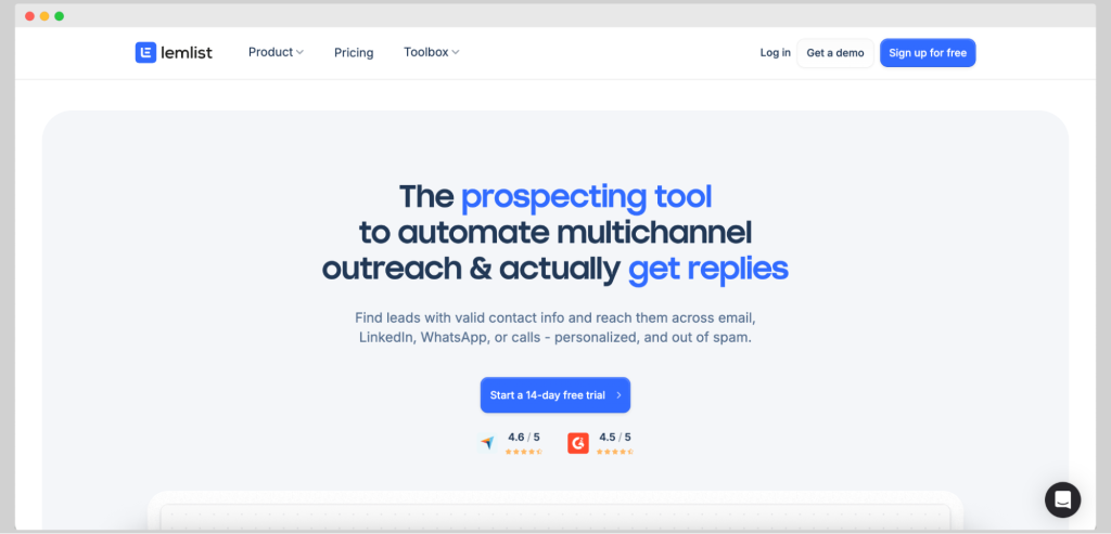 Lemlist homepage showing multichannel outreach and lead finder software.