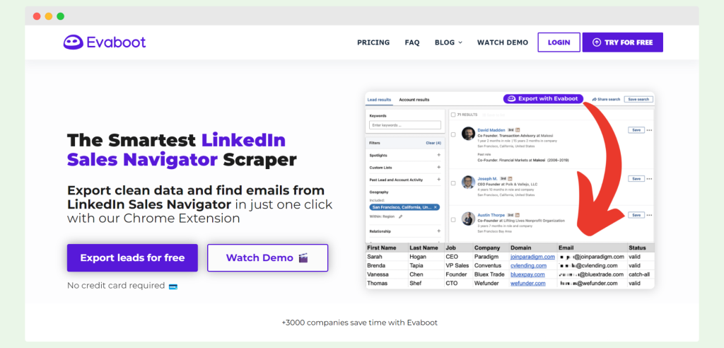 Evaboot homepage showing LinkedIn Sales Navigator scraper for exporting leads and emails, a Scalelist alternative.