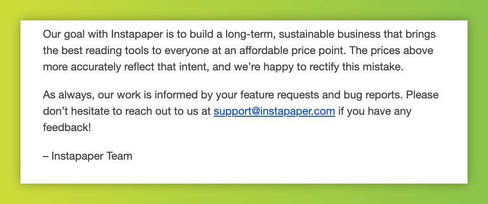 Instapaper SaaS cold email correcting pricing update