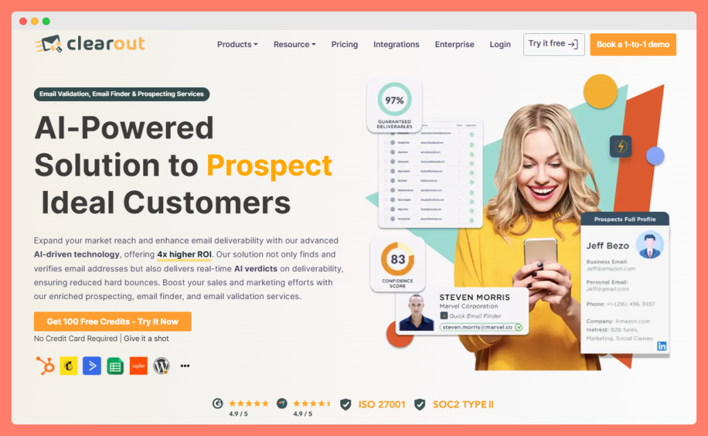 Clearout homepage promoting AI-powered lead finder software and email verification.