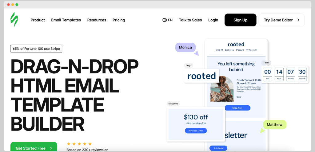 Stripo email homepage promoting drag-and-drop HTML email template builder.