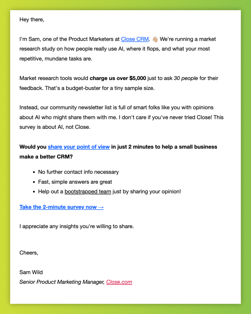 Close CRM SaaS cold email survey request about AI use