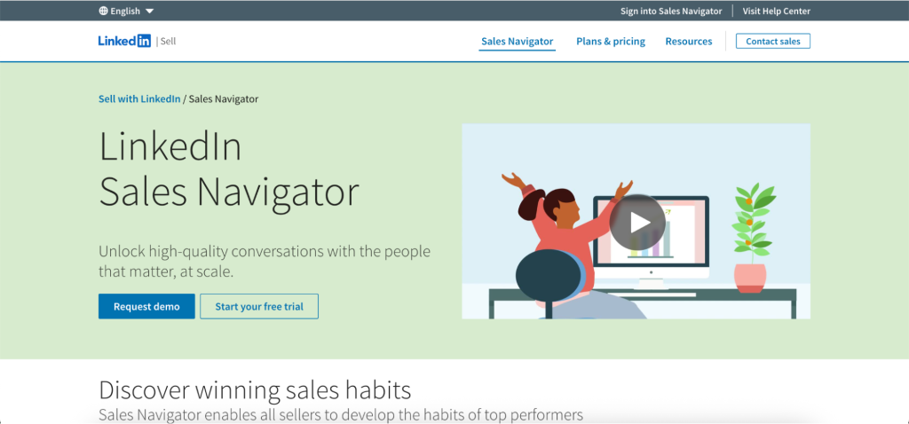 LinkedIn Sales Navigator homepage as enterprise B2B lead finder software.
