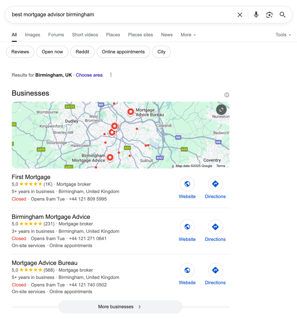 Google local pack with top-rated mortgage brokers in Birmingham.