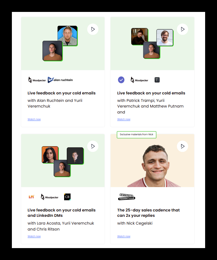 Webinar series thumbnails showing sales experts giving feedback on cold emails, LinkedIn outreach, and proven sales cadences.